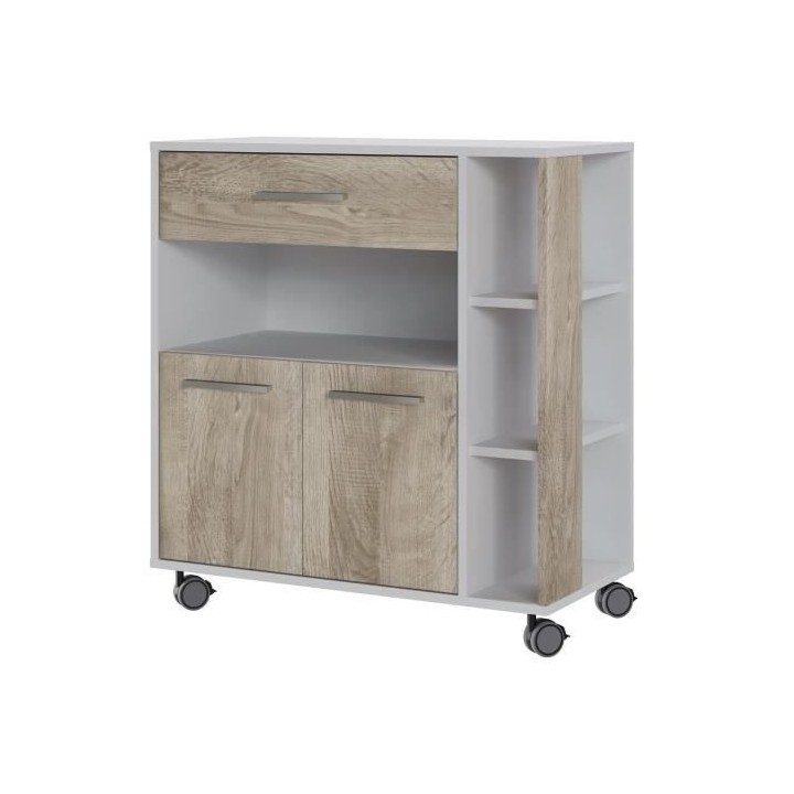 Desserte 2 portes 1 tiroir - Blanc et chene - L 80 x P 39 x H 87 cm