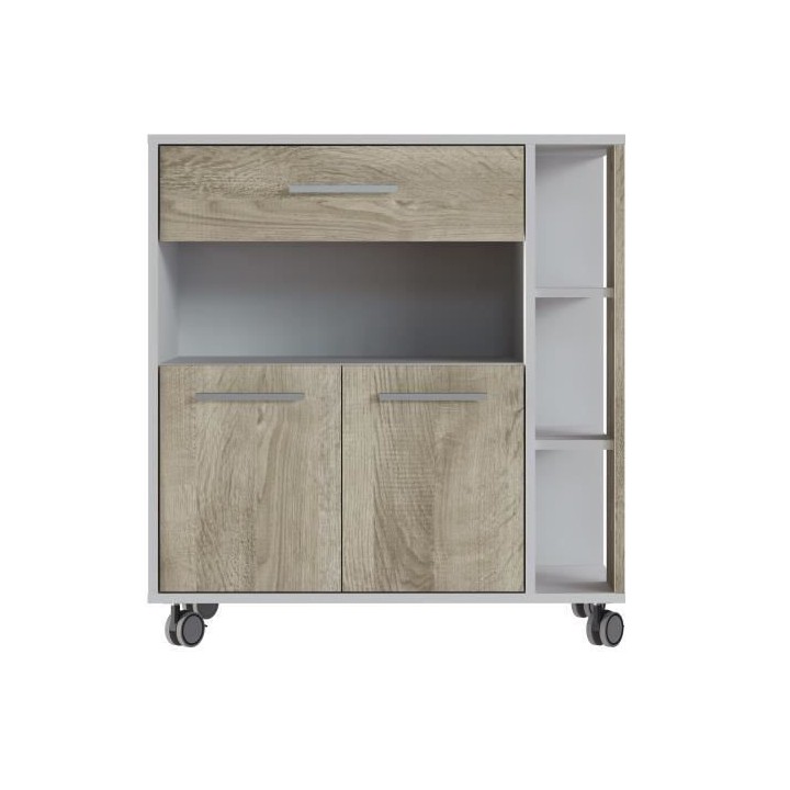 Desserte 2 portes 1 tiroir - Blanc et chene - L 80 x P 39 x H 87 cm