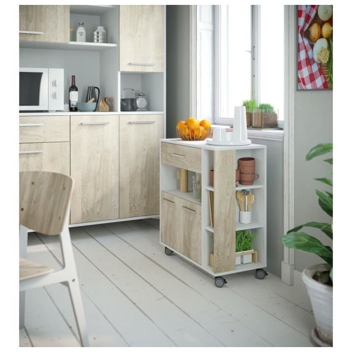 Desserte 2 portes 1 tiroir - Blanc et chene - L 80 x P 39 x H 87 cm