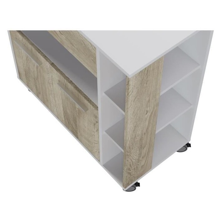 Desserte 2 portes 1 tiroir - Blanc et chene - L 80 x P 39 x H 87 cm