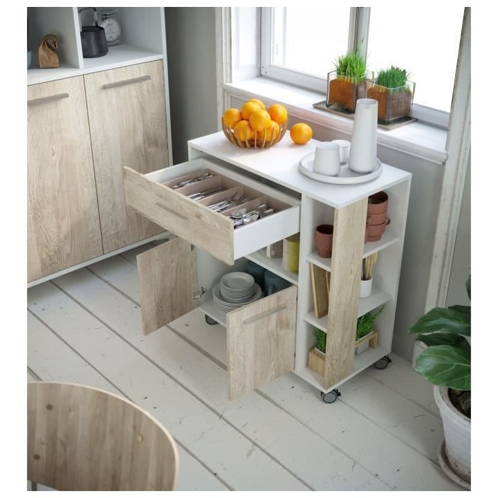 Desserte 2 portes 1 tiroir - Blanc et chene - L 80 x P 39 x H 87 cm