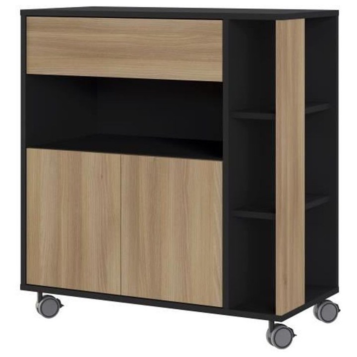 ECO Desserte de cuisine avec roues L 80 - Décor chene et noir