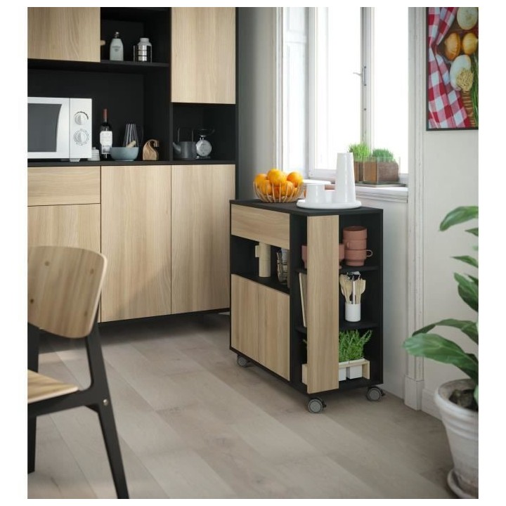 ECO Desserte de cuisine avec roues L 80 - Décor chene et noir