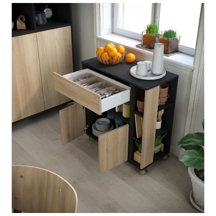 ECO Desserte de cuisine avec roues L 80 - Décor chene et noir