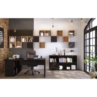 Pack Bureau 2 tiroirs + Bibliotheque - Noir - L 180 x P 182 x H 79 cm