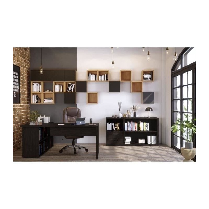 Pack Bureau 2 tiroirs + Bibliotheque - Noir - L 180 x P 182 x H 79 cm - URBAN