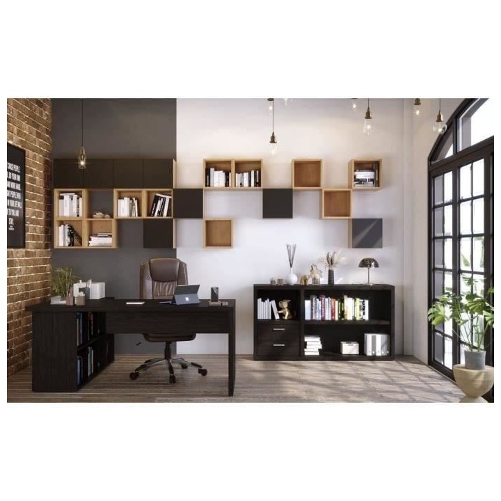 Pack Bureau 2 tiroirs + Bibliotheque - Noir - L 180 x P 182 x H 79 cm