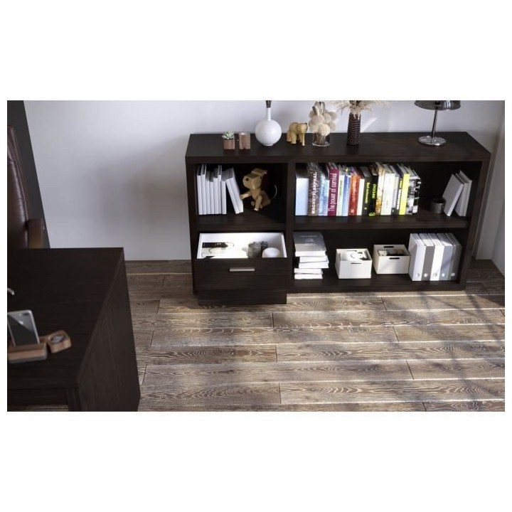 Pack Bureau 2 tiroirs + Bibliotheque - Noir - L 180 x P 182 x H 79 cm