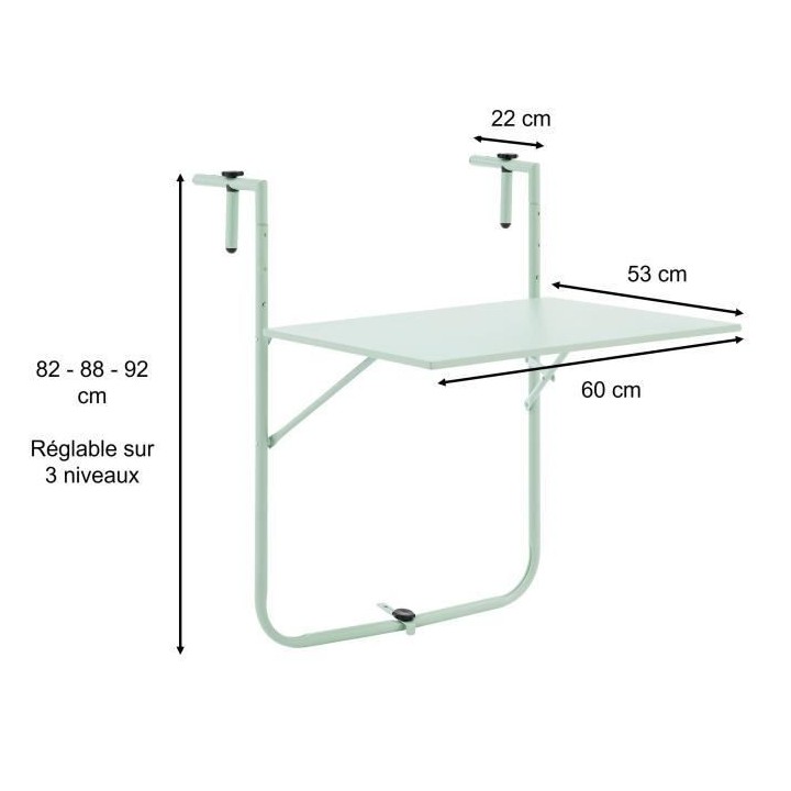 Table de balcon rabattable - Acier - 60 x 75 x 82-92 cm - Vert