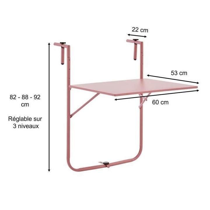 Table de balcon rabattable - Acier - 60 x 75 x 82-92 cm - Rose