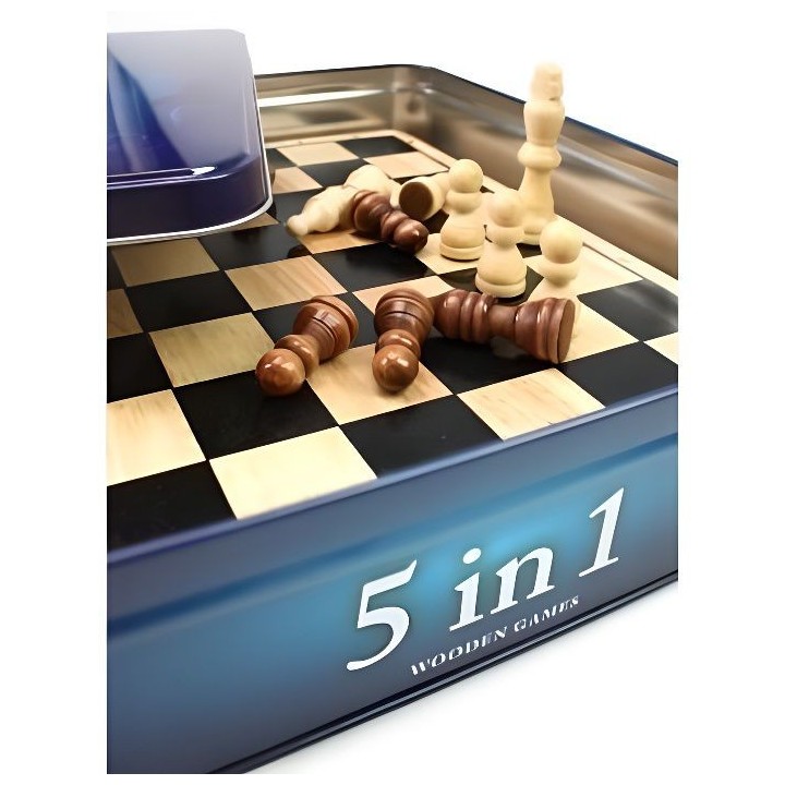 Coffret métal 5 jeux en 1 - Jeux de société classiques - échecs, d