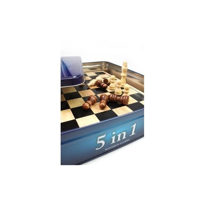 Coffret métal 5 jeux en 1 - Jeux de société classiques - échecs, d