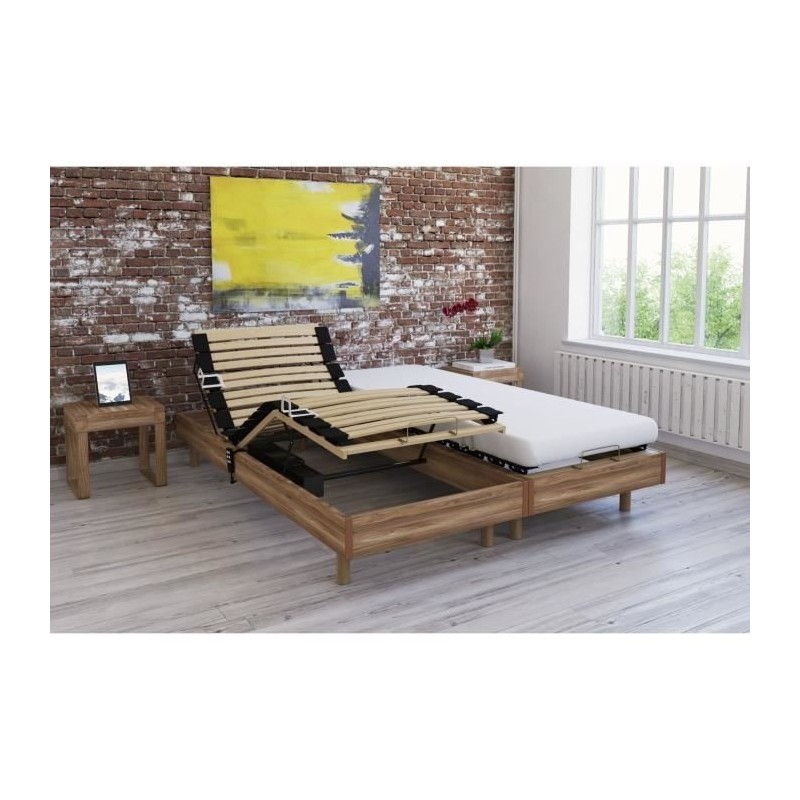 Ensemble relaxation TALCA matelas + sommiers électriques décor chene clair 2x70x190 - Mousse - 14 cm - Ferme