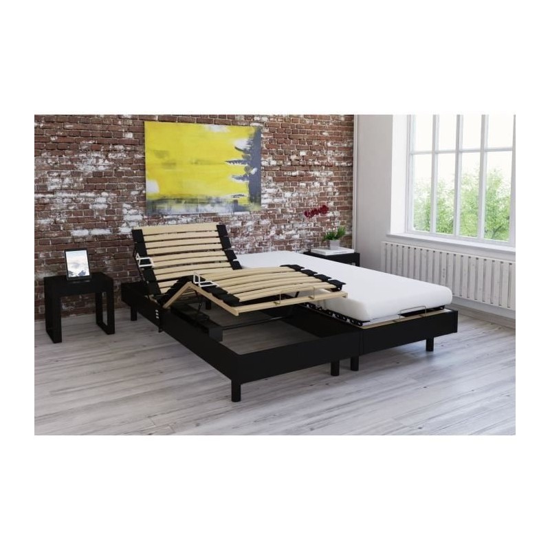 Ensemble relaxation TALCA matelas + sommiers électriques décor wengé 2x80x200 - Mousse - 14 cm - Ferme