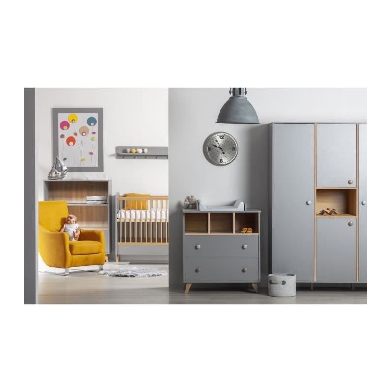 TANUKI Chambre bébé Trio Dream - Lit + Commode a langer + Armoire - Réglable 3 hauteurs - Bois Hetre et MDF - Gris clair mat