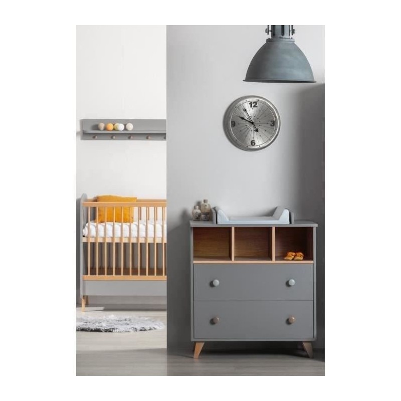 TANUKI Chambre bébé Duo Dream - Lit + Commode a langer - Réglable 3 hauteurs - Bois Hetre et MDF - Gris anthracite mat