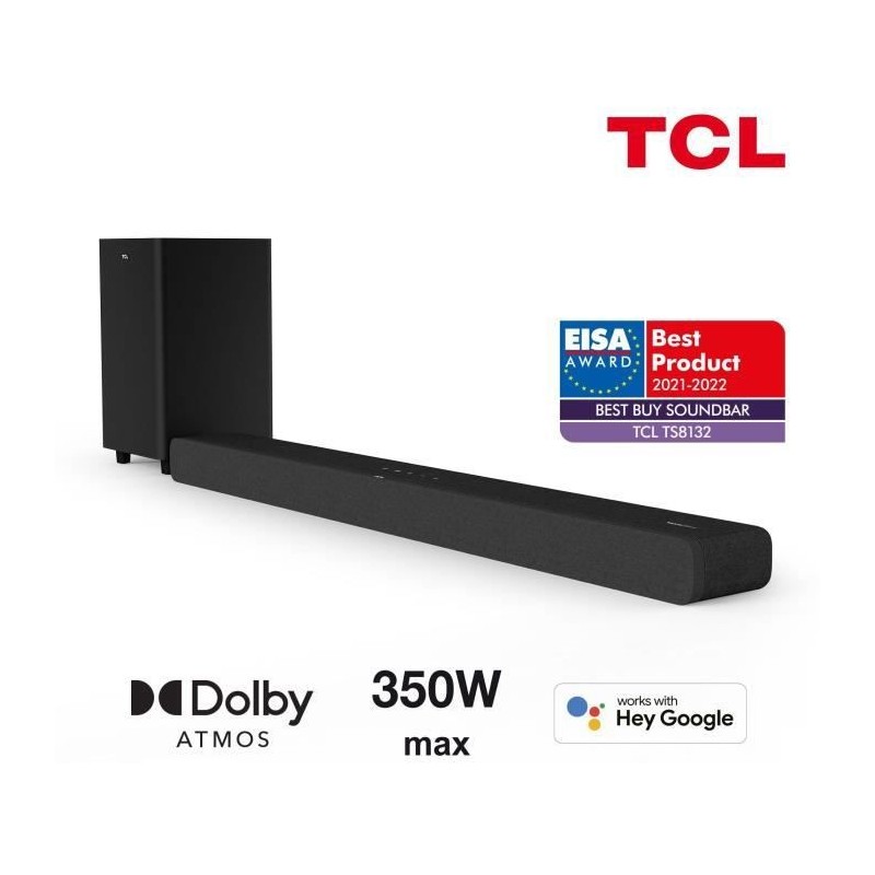 TCL TS8132 Barre de son avec caisson de basses sans fil - Dolby Atmos 3.1.2 - 350W -Chromecast intégré-Compatible Apple AirPla