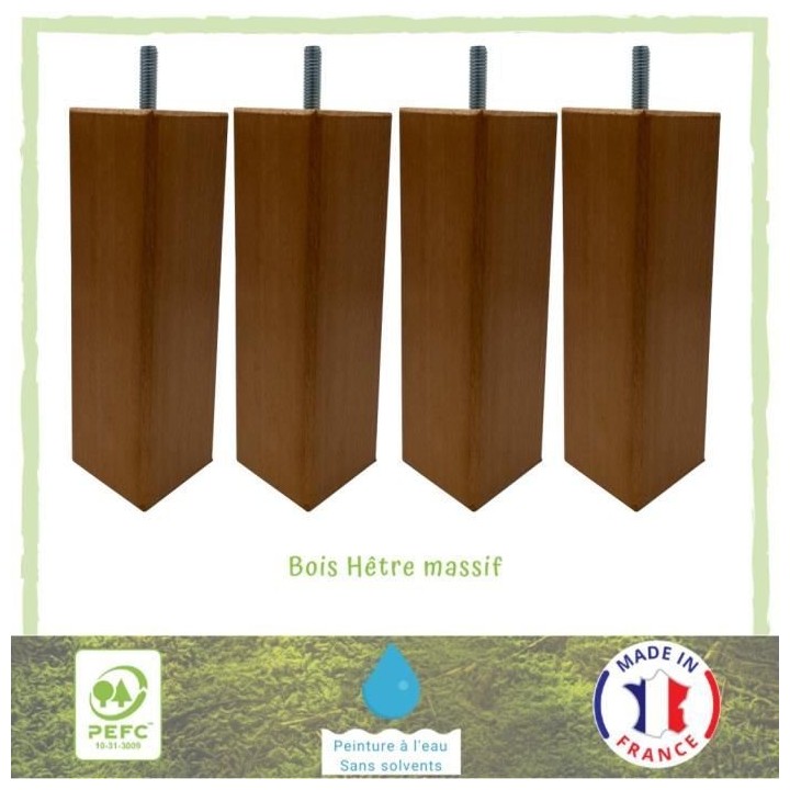 Lot de 4 pieds de lit carrés couleur merisier - 5,4 cm x 5,4 cm - H 1