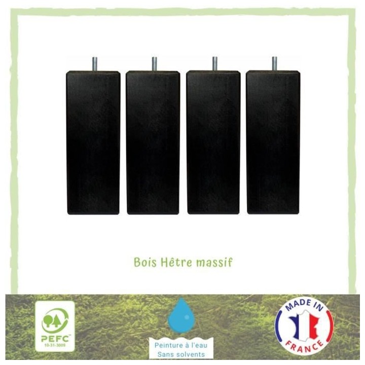 Jeu de pieds carrés L 6 cm x l 6 cm H 19 cm - Noir - Lot de 4