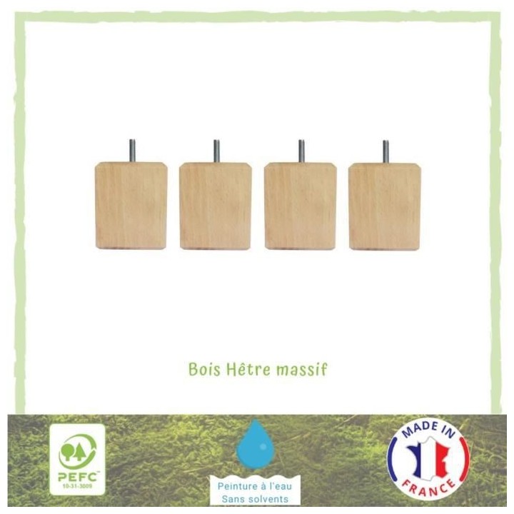 Jeu de pieds carrés en bois - L 7 x l 7 x H 8,5 cm - Lot de 4