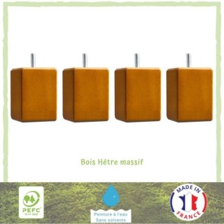 Lot de 4 pieds de lit carrés couleur merisier - 7 cm x 7 cm - H 8,5 c