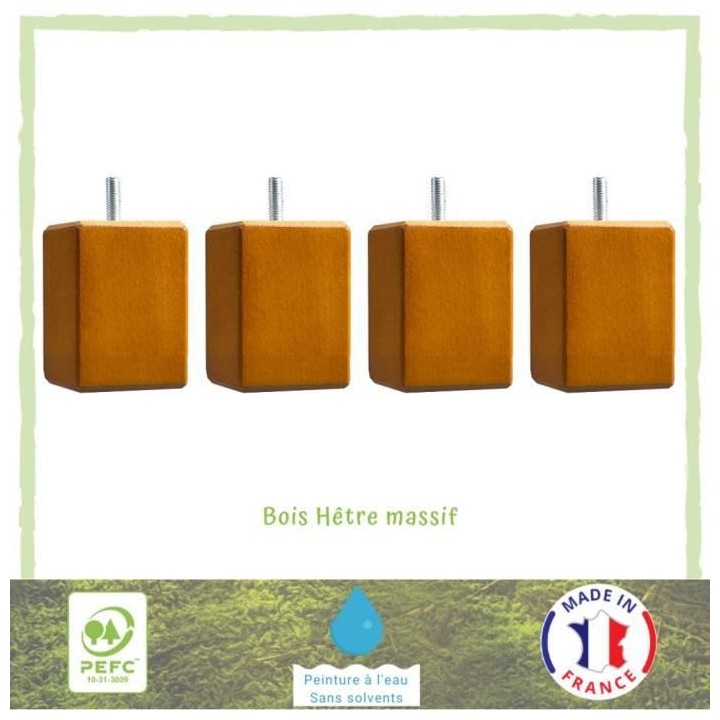 Lot de 4 pieds de lit carrés couleur merisier - 7 cm x 7 cm - H 8,5 c