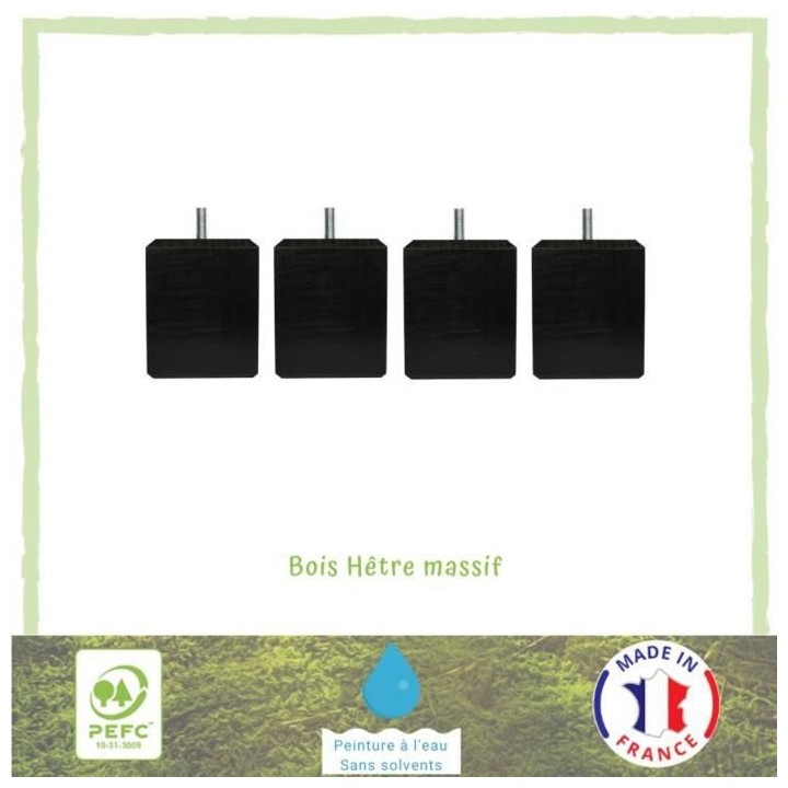 Jeu de pieds carrés L 7 cm x l 7 cm H 8,5 cm - Noir - Lot de 4