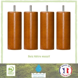 Lot de 4 pieds de lit cylindriques couleur merisier - Ø 5,4 cm - H 14