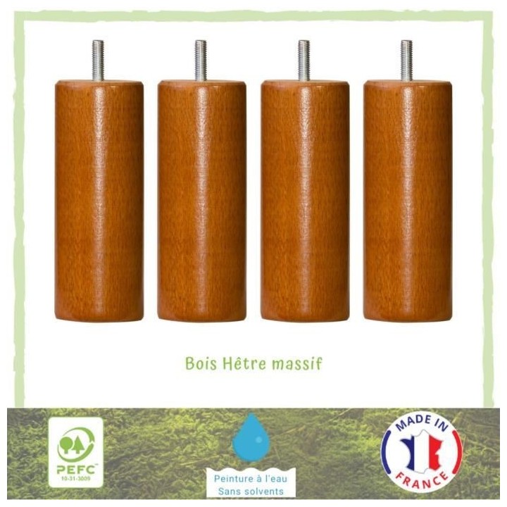 Lot de 4 pieds de lit cylindriques couleur merisier - Ø 5,4 cm - H 14