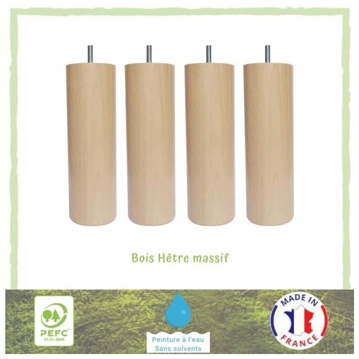 Jeu de pieds cylindriques en bois Ø 6,2 cm - H 17 cm - Lot de 4