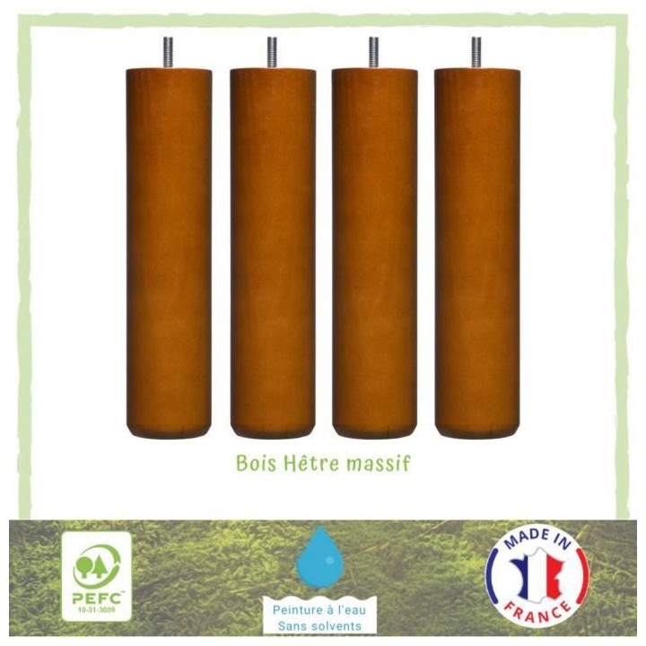 Lot de 4 pieds de lit cylindriques couleur merisier - Ø 6,4 cm - H 24
