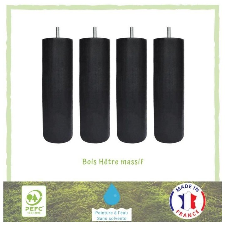 Jeu de pieds cylindriques Ø 6,2 H 24,5 cm Noir - Lot de 4