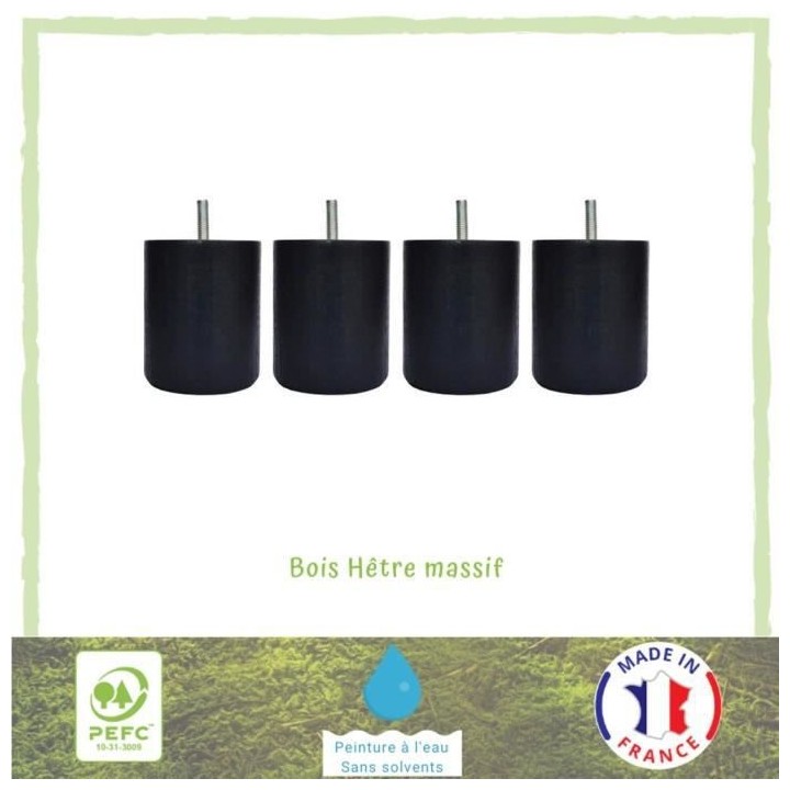 Jeu de pieds cylindriques Ø 7 cm H 8,5 cm Noir - Lot de 4