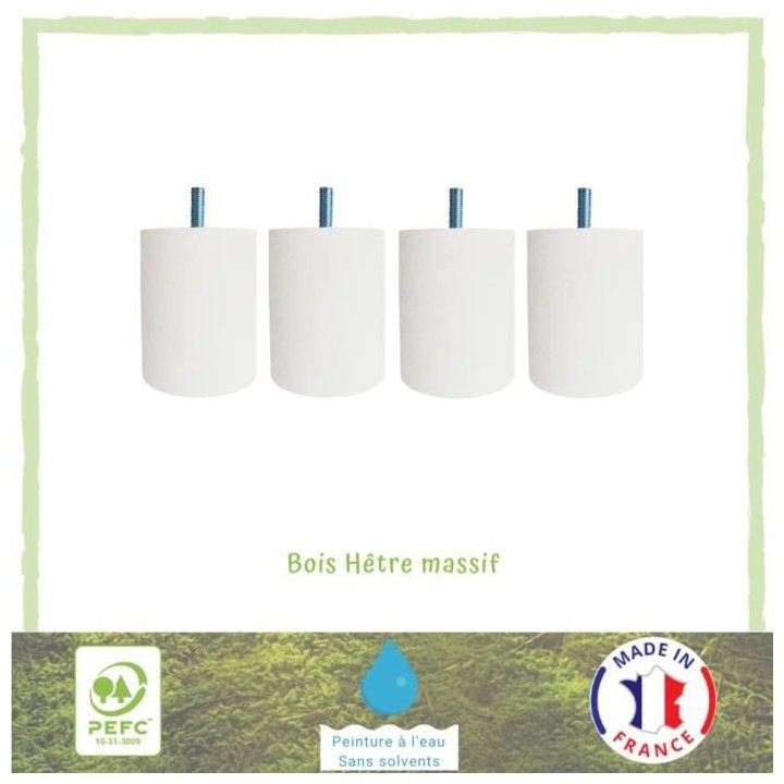 Jeu de pieds cylindriques Ø 7 cm H 8,5 cm Blanc - Lot de 4