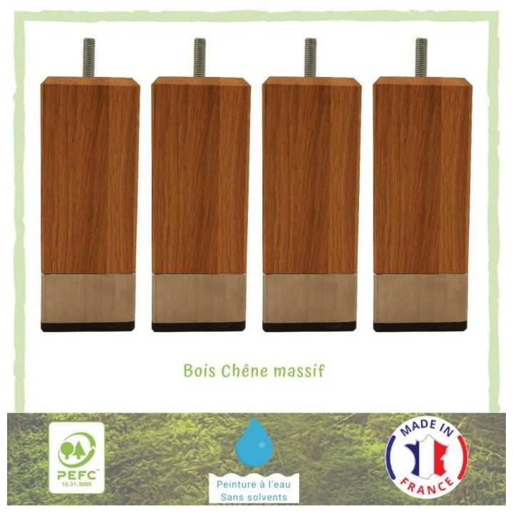 Lot de 4 pieds de lit carrés chene huilé et bague inox- 6 cm x 6 cm