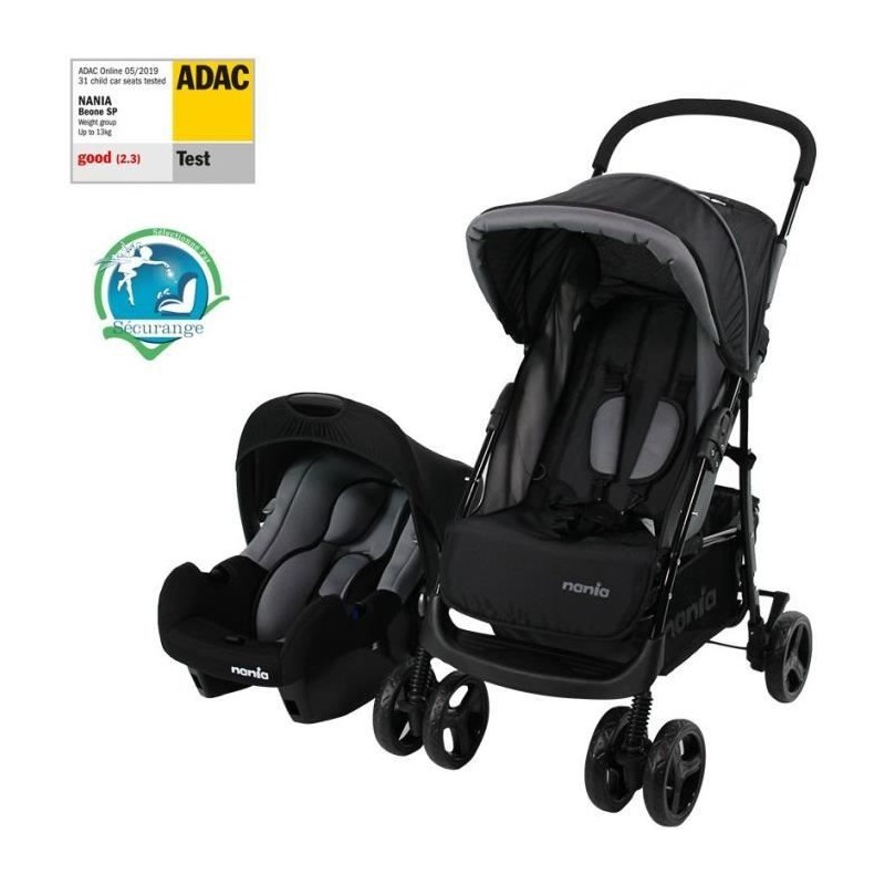 NANIA Poussette combinée Texas - Siege auto BEONE groupe 0+ - 0-36 mois - Jusqu'a 15kg - Dossier réglable - Gris