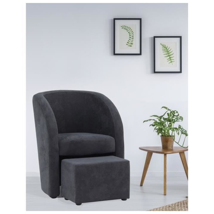 TED Fauteuil + pouf SORO - Tissu Anthracite - L 59 x P 63 x H 77 cm