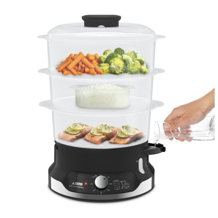 SEB VC204800 Ultracompact Cuiseur vapeur 9L, 3 bols empilables, Bac c