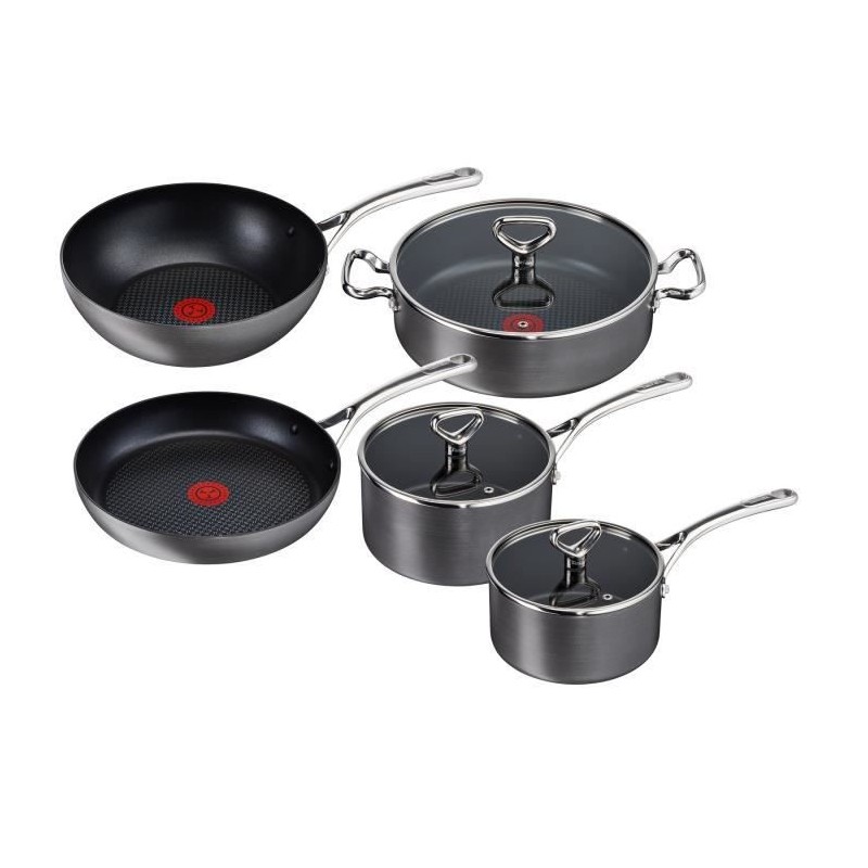 TEFAL H903S546 Reserve Collection Set de 5 pieces, Sauteuse, Poele, Poele wok, Casseroles, Couvercles en verre, Induction Gris