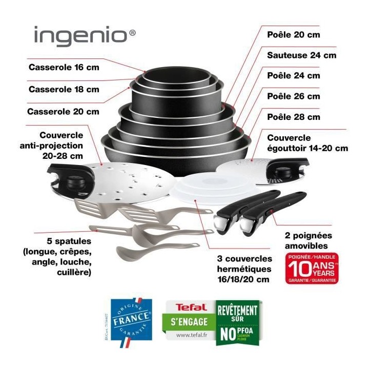 TEFAL L2009702 Ingenio Essential Batterie de cuisine 20p, Poeles, Cass