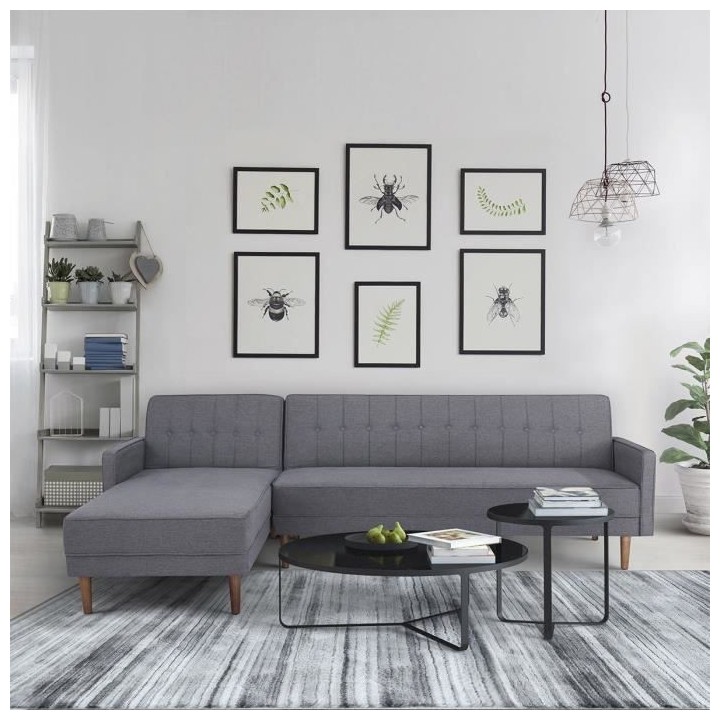 Canapé d'angle 3 places réversible - Tissu gris foncé - Pieds en bo