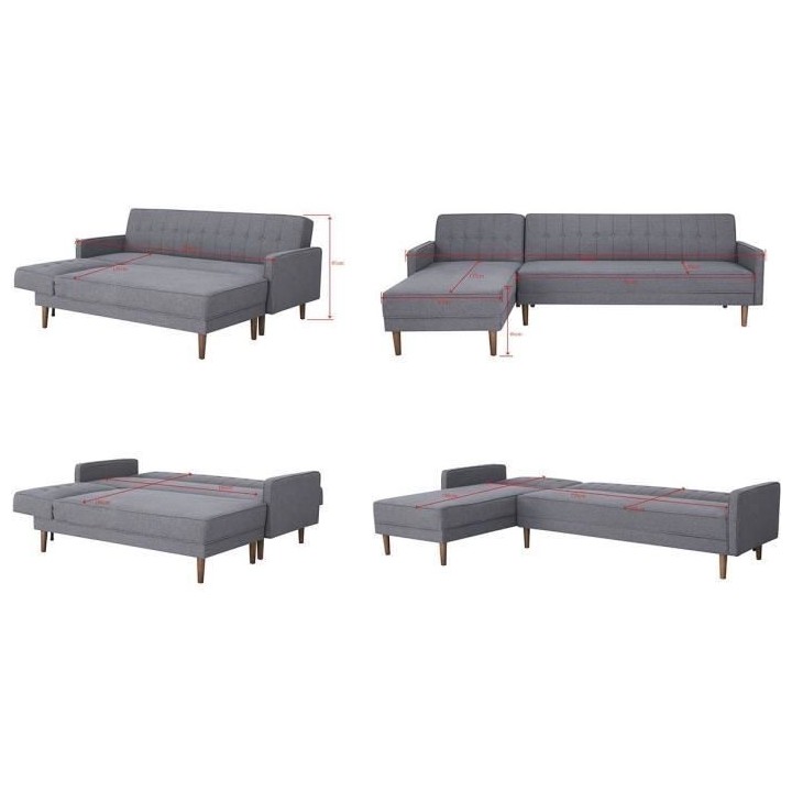 Canapé d'angle 3 places réversible - Tissu gris foncé - Pieds en bo