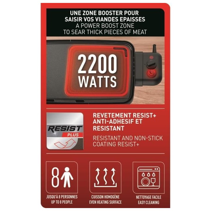 TEFAL CB642810 Plancha électrique Booster, Chauffe rapide, Deux zones