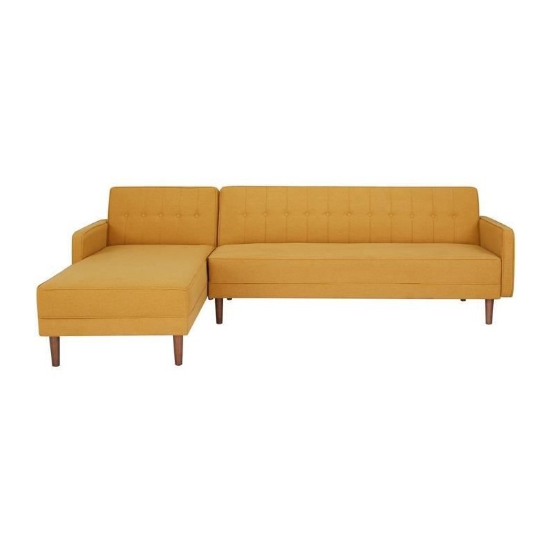 Canapé d'angle 3 places réversible - Tissu jaune moutarde - Pieds en bois - L 286 x P 169 x H 80 cm - IMANIA