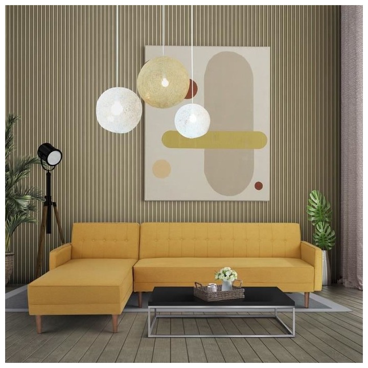 Canapé d'angle 3 places réversible - Tissu jaune moutarde - Pieds en