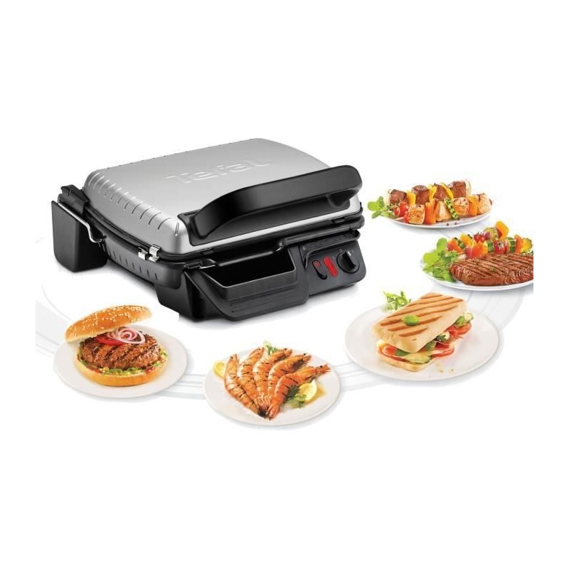 Tefal GC305012 Compact Grill, Grill électrique 2 positions, Plaques antiadhésives, Thermostat réglable, Bac de récupération