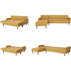 Canapé d'angle 3 places réversible - Tissu jaune moutarde - Pieds en bois - L 286 x P 169 x H 80 cm - IMANIA