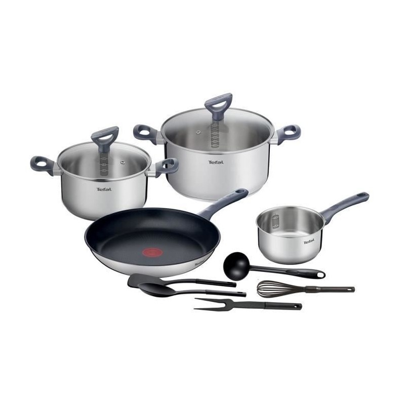 TEFAL G713SB45 Daily Cook Set 11 pieces INOX : Casserole 16 cm + Faitouts 20 et 24 cm avec couvercles + Poele 28 cm + 5 ustensil