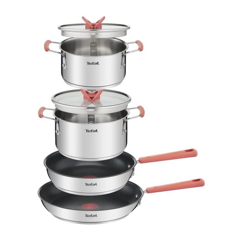 TEFAL G720S604 Opti'Space Batterie de cuisine 6 p, Faitouts + poeles, Poignées anti-chaleur, Manche fixe, Empilable, Induction,