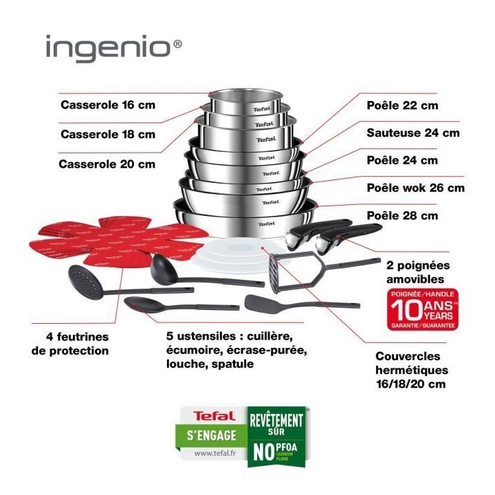 TEFAL L925SM14 Ingenio Emotion Batterie de cuisine 22 p, Induction, Fo